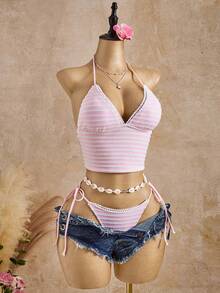 Swim Mod Women's New Textured Halter Neck Backless Crop Top Set, Sexy Camisole Cute Beach Vacation Swimwear - Pink - View 5