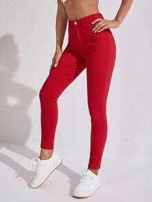 SHEIN SXY 高腰修身斜插口袋休闲牛仔裤 - 紅色 - 查看 6