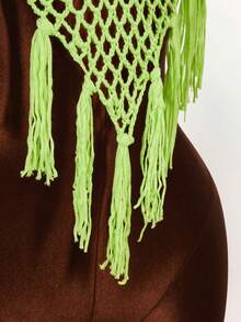 Amplova Women's Sequin Shell Halter Backless Tassel Hem Sexy Avant-Garde Crochet Top, Suitable For Vacation - Green - View 6