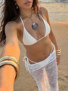 Aloruh 女士三件套比基尼套装，性感优雅浪漫杏色迷你三角罩杯挂脖上衣，迷你丁字裤下装，另配超长纱笼罩衫，适合度假、海滩、比基尼穿着。 - 米色 - 查看 10