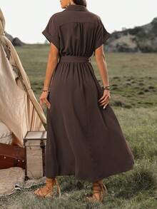 EMERY ROSE Đầm maxi cổ chữ V xẻ tà có cúc dành cho nữ. - Màu nâu Sô-cô-la - Xem 2