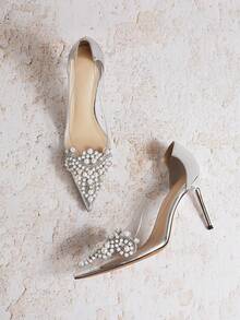 Enchnt Women's Handmade Faux Pearl Flower Decorated Transparent High Heel Pointed Toe Fashion Silver & Champagne Color Spring & Autumn Pumps Valentines - Silver - View 3