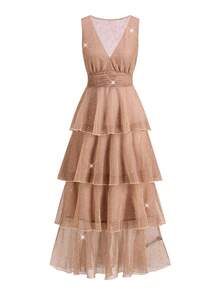 Ellevyn 女士V领收腰层叠豹纹无袖连衣裙，优雅日常穿着，春夏秋季皆宜 - 杏色 - 查看 6