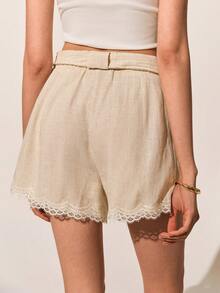 Poéselle Women's Summer Casual Vacation & Commute Contrast Lace Loose Shorts With Pockets And Belt - Apricot - View 2