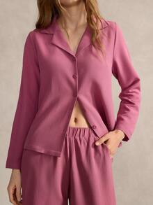 EverLounge 女士休闲翻领长袖睡裤套装 女士家居服长袖家居服套装 粉色睡衣套装 女士粉色睡衣套装 - 玫紅色 - 查看 4