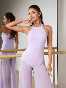 Menodora SHEIN Sport 女士纯色露背网纱开衩修身日常舞蹈连体裤 - 淡紫色 - 查看 7