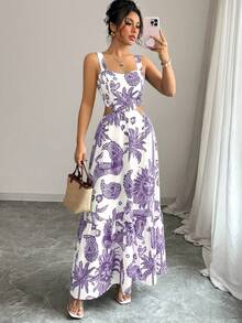 SHEIN Clasi 2025新款时尚印花方领系带露背休闲度假无袖连衣裙，波西米亚音乐节夏季款 - 彩色 - 查看 4