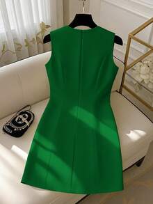 GlowEve Women's White Round Neck Cinching Waist Bow Sleeveless Elegant Mini Dress - Green - View 2