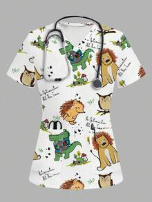 Poshira Casual Cartoon Animal Print Scrub Uniform Top - Multicolor - View 1