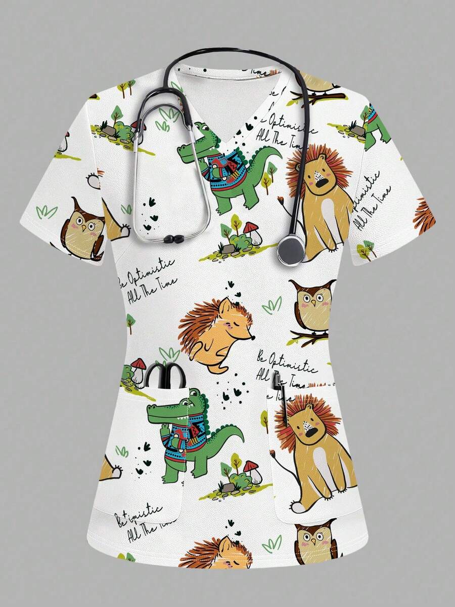 Poshira Casual Cartoon Animal Print Scrub Uniform Top - Multicolor - View 1