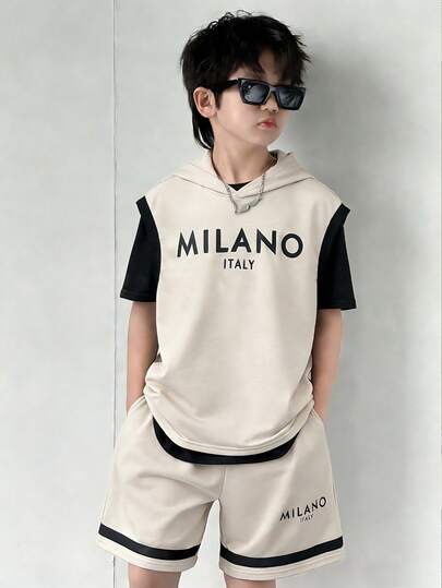 SHEIN 2件套 男童休闲韩版字母印花连帽短袖卫衣和纯色短裤套装