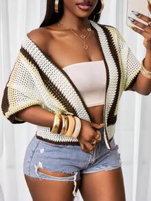 BamGleam Women's Cardigan,V-Neck,Knitted,Short-Sleeved,Khaki-Brown Color-Blocked Striped Openwork,Casual,Boho,White And Brown,Autumn,Vacation,Holiday,Parties - Coffee Brown - View 5