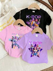 Kpop Girl Graphic Print Round Neck Short Sleeve Casual Versatile T-Shirt - Multicolor - View 1
