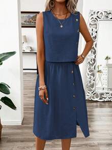 EMERY ROSE Women's Casual Button Decor Tank Top And Skirt 2 Pieces Set, Summer - Navy Blue - View 4