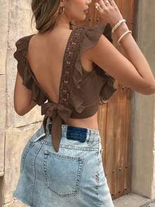 SHEIN Frenchy Blusa de unicolor sin espalda con lazo para mujer - Óxido marrón - Ver 9