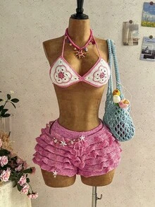 Soleia Women's Beach Vacation Casual Halter Sweater Bra & Shorts 2 Pieces Set - Pink - View 5