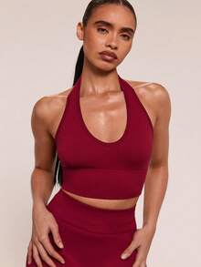 SHEIN BAE Conjunto de ropa deportiva casual de unicolor con top halter sin mangas y pantalones cortos ajustados para mujer - Burdeos - Ver 5