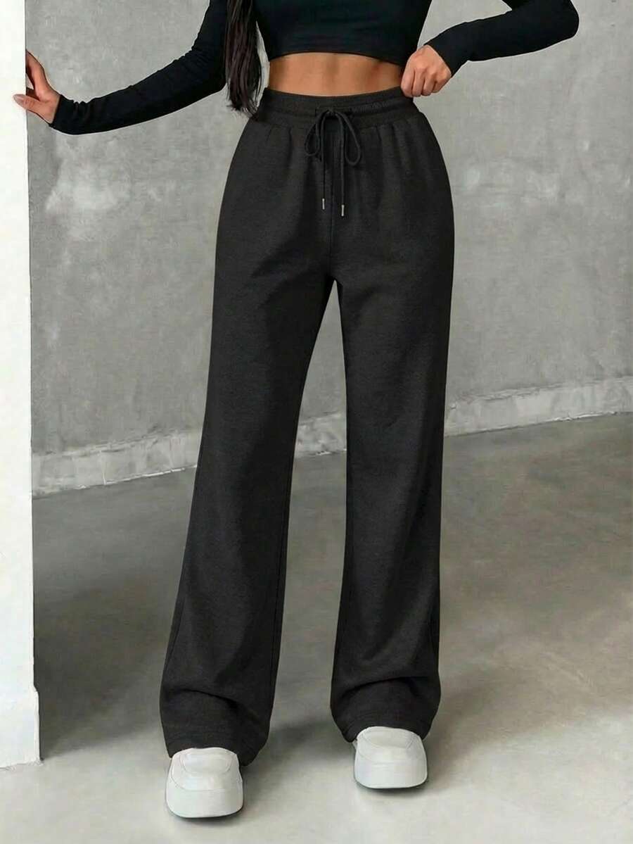 Quần nỉ ống loe đơn sắc cạp rút dành cho nữ - màu đen - Xem 1