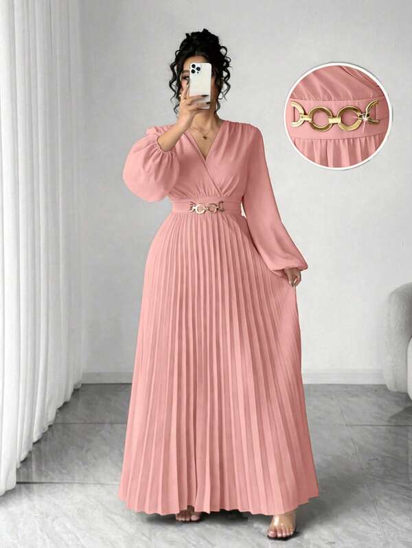 Elenzga Plus Size Women's Pink Metal Buckle Decor Pleated Waist Slimming V-Neck Dress, Shirt Collar & Cuff Design, Suitable For Back To School, Graduation, Valentine's Day, Music Festival, Mother's Day, Halloween, Thanksgiving, Easter, National Day, Prom, Date Party, Wedding Season, Outdoor Trips Dress Modest Pleated Maxi Dress Pleated Dress Long Sleeve Elegant Dress