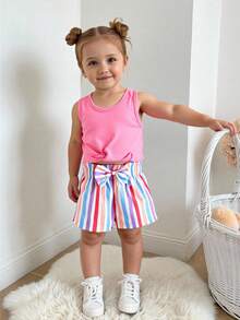 SHEIN Vintaside Kids Toddler Striped Tank Top T-Shirt And Shorts Set, Summer - Pink - View 1