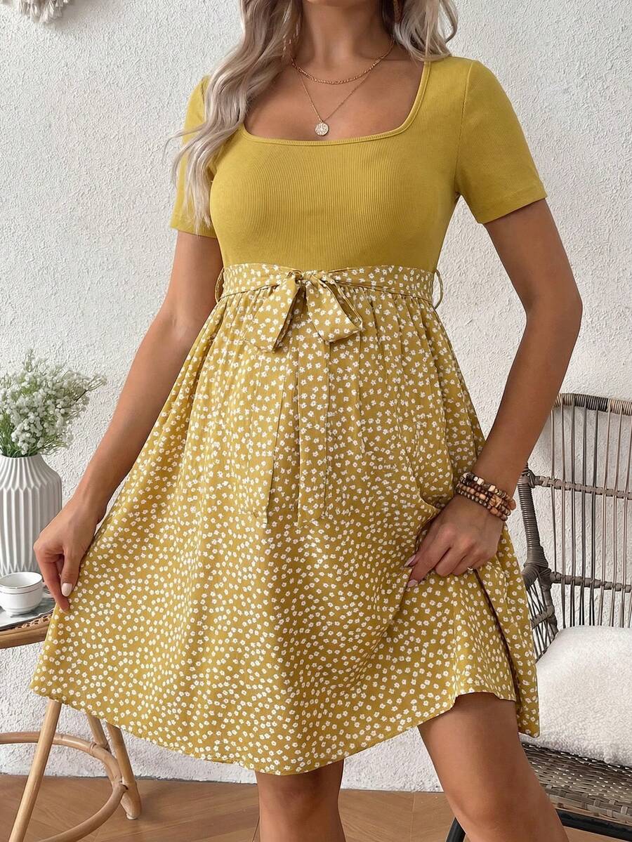 SHEIN Đầm ngắn tay họa tiết hoa chắp vá dành cho bà bầu, thích hợp mặc hàng ngày hoặc dự tiệc. - Màu vàng - Xem 1