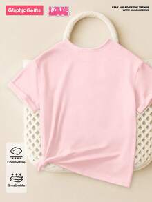 SHEIN 春夏休闲时尚创意个性清新别致简约闪亮白色蝴蝶结装饰图案印花宽松基础款粉色短款T恤，舒适日常穿着，温暖的夏秋风格，适合春、夏、秋季穿着，少女款 - 粉色 - 查看 3