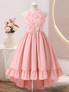 SHEIN 少女花卉刺绣荷叶边露背连衣裙 - 粉色 - 查看 8