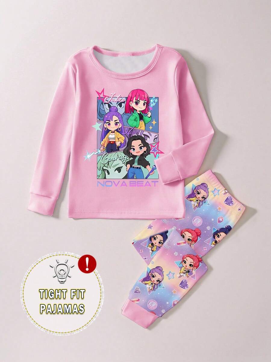 一套少女 Nova Beat 女子组合印花紧身针织圆领长袖上衣和裤子睡衣套装，春秋季 - 白色 - 查看 1