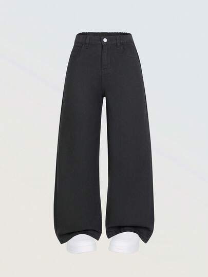 SHEIN Denimly 女孩时尚休闲简约学院风牛仔裤，松紧腰，拉链闭合，水洗牛仔七分裤