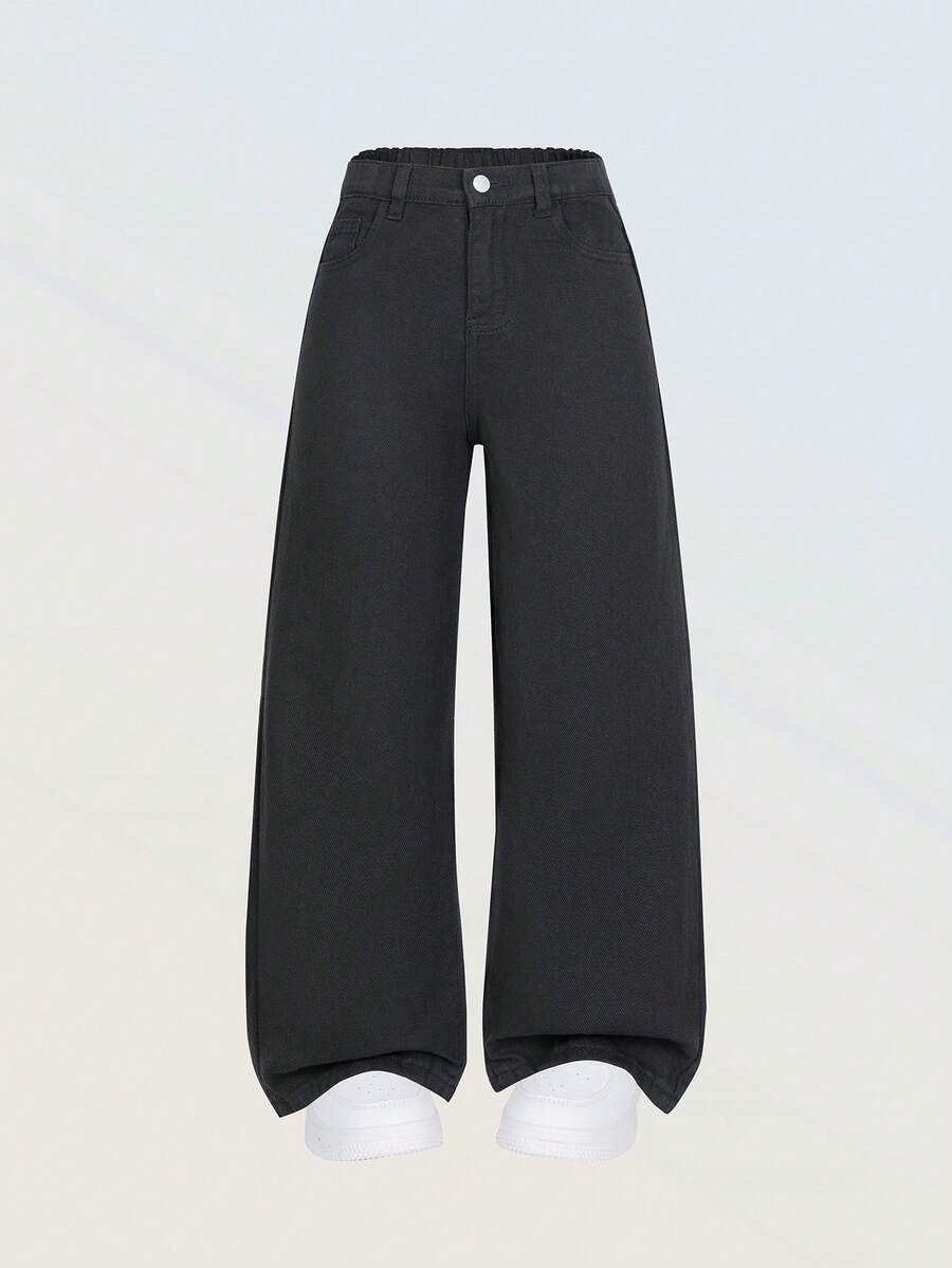 SHEIN Denimly 女孩时尚休闲简约学院风牛仔裤，松紧腰，拉链闭合，水洗牛仔七分裤 - 黑色 - 查看 1