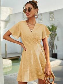 SHEIN Holidaya Polka Dot Knot Side Wrap A-Line Dress Burgundy Color Women Outfit - Light Yellow - View 4