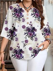 EMERY ROSE Plus Size Casual Minimalist Purple Floral Print V-Neck Shirt, Suitable For Summer - Multicolor - View 1