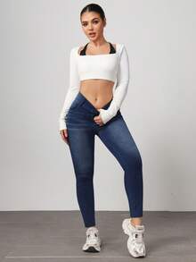 Flexra Petite Quần jean bó sát co giãn gợi cảm màu tối dành cho nữ, mọi mùa - Rửa tối - Xem 8