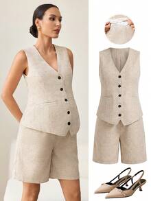 SHEIN 2pcs Maternity Summer Casual Workwear Outfit,Old Money Style Tweed V-Neck Sleeveless Button Front Top And Shorts Set,Elegant Office Commute Clothes - Apricot - View 4