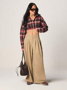 MISSGUIDED Áo sơ mi flannel kẻ caro tay dài, cài cúc phía trước, dáng ngắn, cạp chun, thích hợp mặc nhiều lớp vào mùa thu đông. - Màu Đỏ Sâu - Xem 3