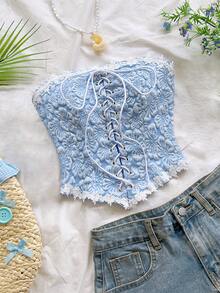 Soleia 女士法式系带提花面料抹胸上衣 - 藍色 - 查看 1