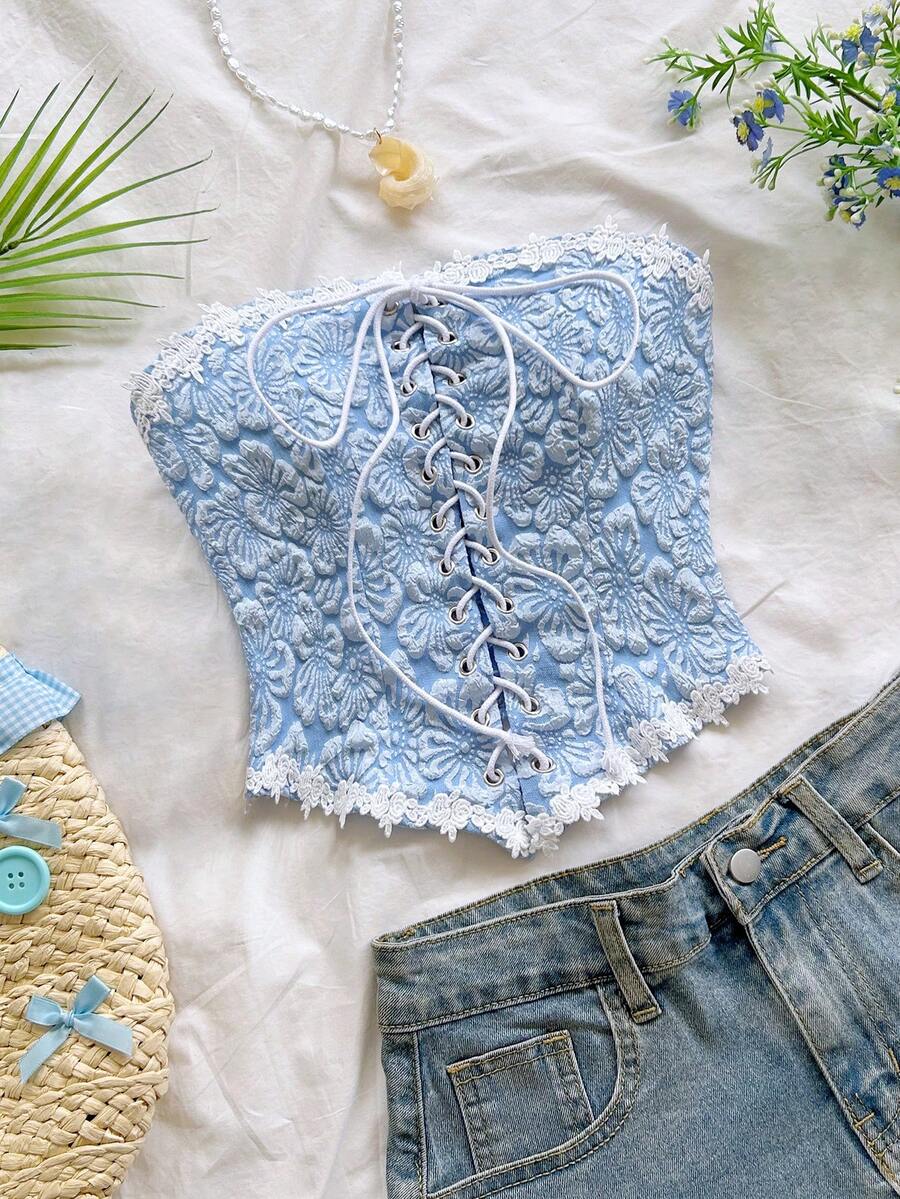 Soleia 女士法式系带提花面料抹胸上衣 - 藍色 - 查看 1