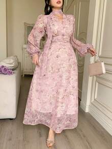 DAZY 春夏碎花雪纺连衣裙，系带领口，优雅大方，适合婚礼、派对、度假、海滩等场合，也适合通勤穿着。 - 粉色 - 查看 6