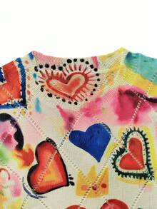 Resyla Women's 3D Heart Pattern Digital Printing Short Sleeve Knit Top - Multicolor - View 5
