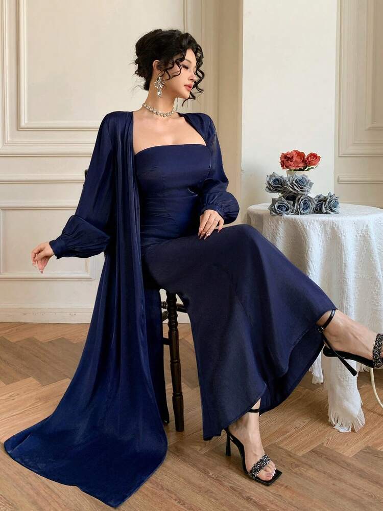 Spring/Summer Shawl Collar Long Cardigan Shirt Dress Set, Sequin Embellished Fitted Formal Gown For Valentine's Day, Wedding, Party, Cocktail, Elegant Bodycon Mermaid Midi Dress, Women 2-Piece Set