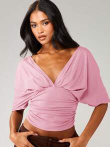 MISSGUIDED Blusa corta con hombros descubiertos, fruncido delantero y cuello en V profundo con mangas hasta el codo para primavera y verano - Rosa - Ver 3