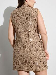 Aveloria Modichic Coffee Color Sequin & Beaded Floral Tweed Dress,Sleeveless A-Line Midi Dress,Plus Size,Beige,Summer,70's,Elegant,Party,Wedding Guest,Metal Buttons - Coffee Brown - View 2