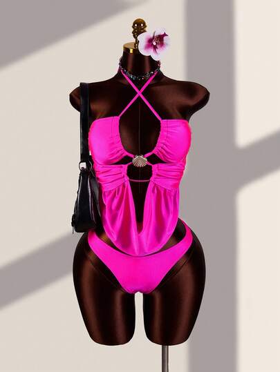 Zestiva 2026 New Women's Swimwear ArrivalFor School,Suitable For Holiday, Date, Afternoon Tea, Western, Cruise, Beach, Island, Road Trip, All Seasons, Music Festival, Boho Vacation,Bohemian Vacation, Chill Autumn ,Western Boho Shiny Beaded, Foil Printed Plunging Neckline Chain Metal Scallop Sexy Beach Vacation 2 Pieces Women Camisole Strap Bikini