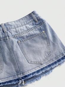 ROMWE Y2K音乐节休闲街头水钻水洗浅蓝色百搭女式牛仔迷你裙 - 淺藍色 - 查看 4