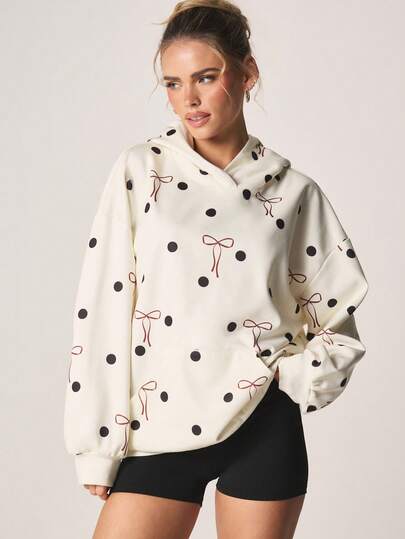 MISSGUIDED Oversized Polka Dot Bow Print Hoodie Long Sleeve Pullover Cozy Winter Fall Casual Sweatshirt
