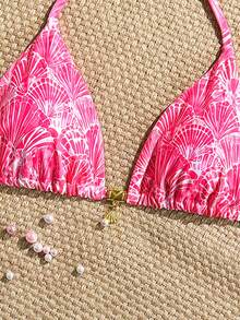 Swim Mod Random Gold Shell Print Halter Bikini Top, Sexy Swimwear Top For Summer Vacation - Pink - View 4