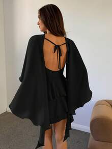 Vestido azul sólido sin mangas con chal desmontable para mujer, vestido mini sexy, lindo y romántico retro para citas - Negro - Ver 8