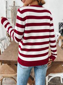 SHEIN LUNE 女士圆领长袖休闲条纹前开襟羊毛衫 - 彩色 - 查看 2