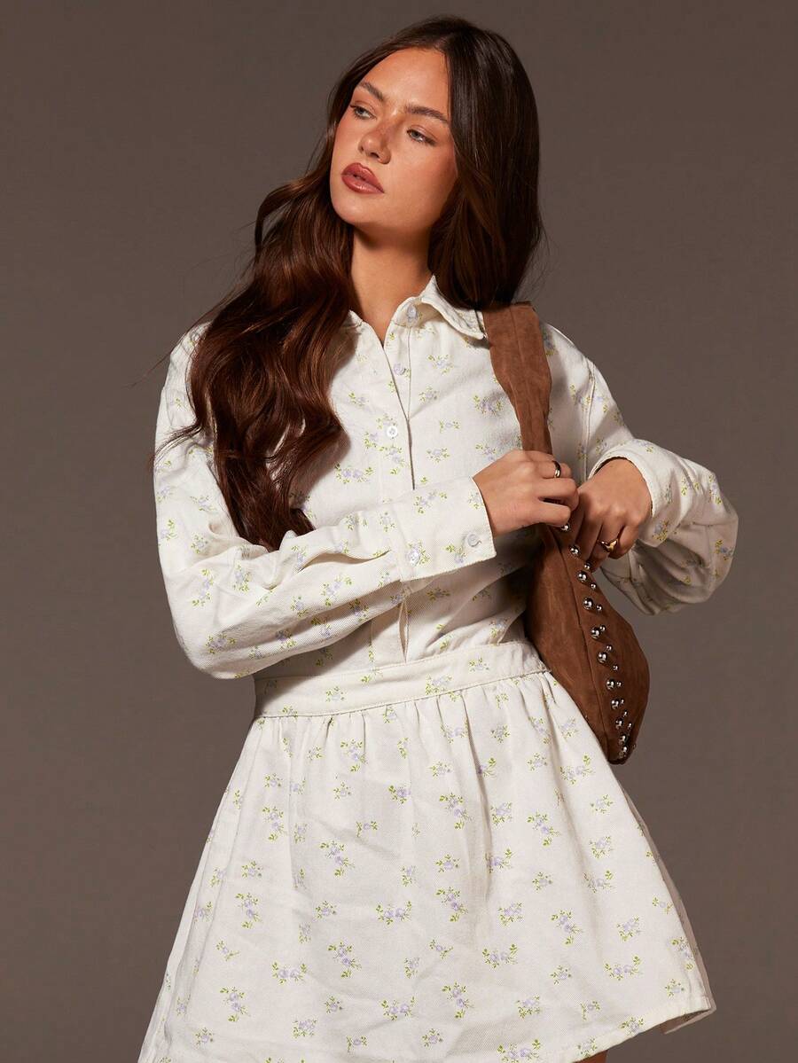 Athîral 女士休闲白色印花长袖牛仔迷你连衣裙 - 白色 - 查看 1