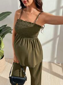 GentleRue Maternity 2pcs Maternity Vacation Solid Color Camisole Top And Long Pants Set - Army Green - View 5